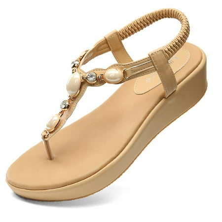 

Pmoiste Women s Platform Sandals Summer Flip Flop Rhinstone Elastic Strap Comfortable Wedge Shoes Nude 7