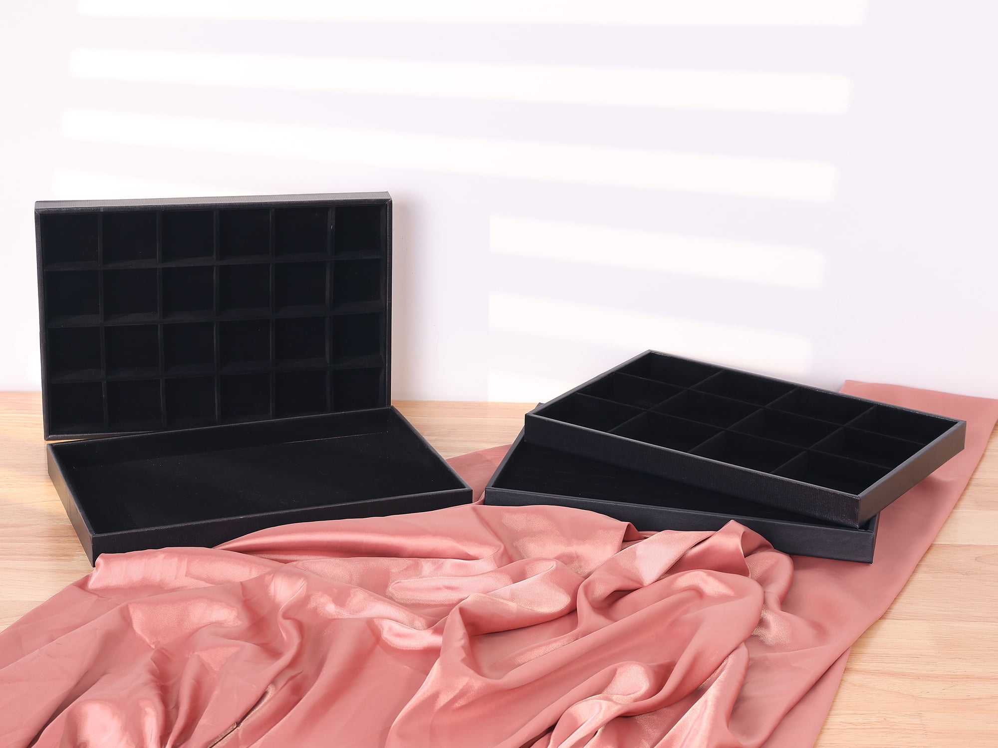 Unique Bargains Set of 2 Velvet Jewelry Boxes Organizer Trays with Removable Dividers Black 24 Grid Tray