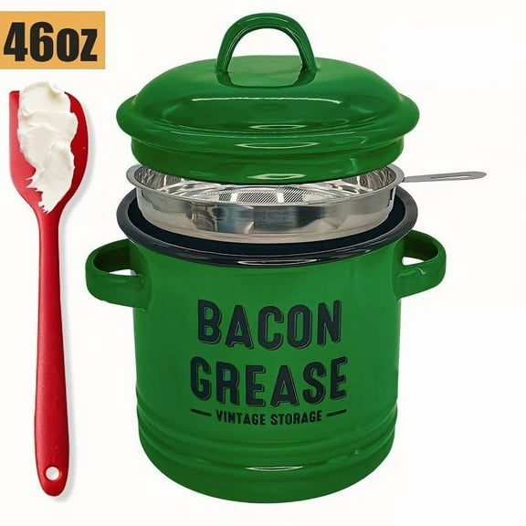 Bacon Grease Container with Strainer - Large 46OZ Kitchen Oil Storage Can, Food Saver Bin with Lid and Scraper, Dishwasher Safe (Green)