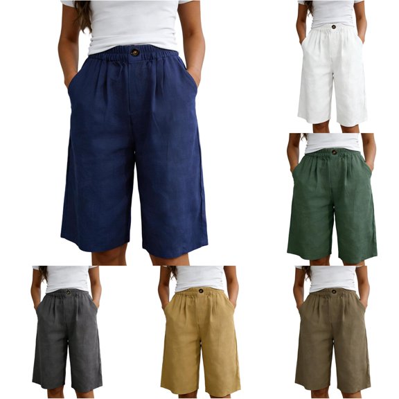 Afdoent Shorts For Women Knee Length Elastic Waist Solid Color Button Down Shorts Casual Wide Leg Beach Vacation Clothes