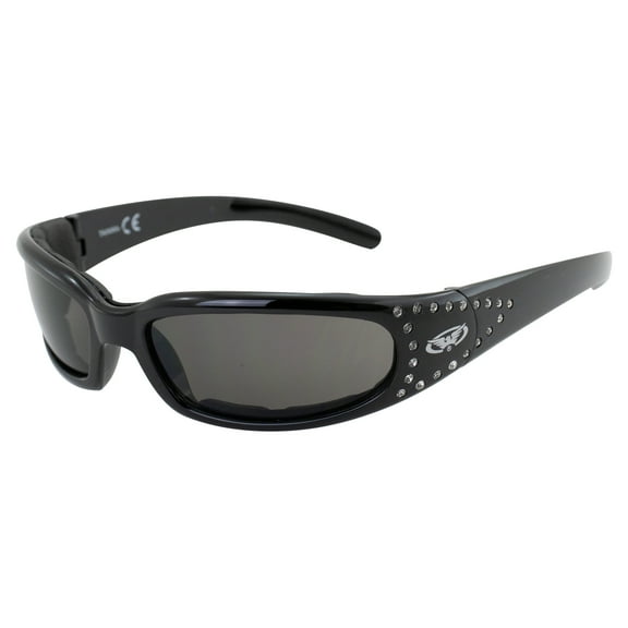 Global Vision Marilyn 3 Motorcycle Sunglasses for Women Black Frame w/ Bling Rhinestones & Smoke Lens Great on Smaller Faces