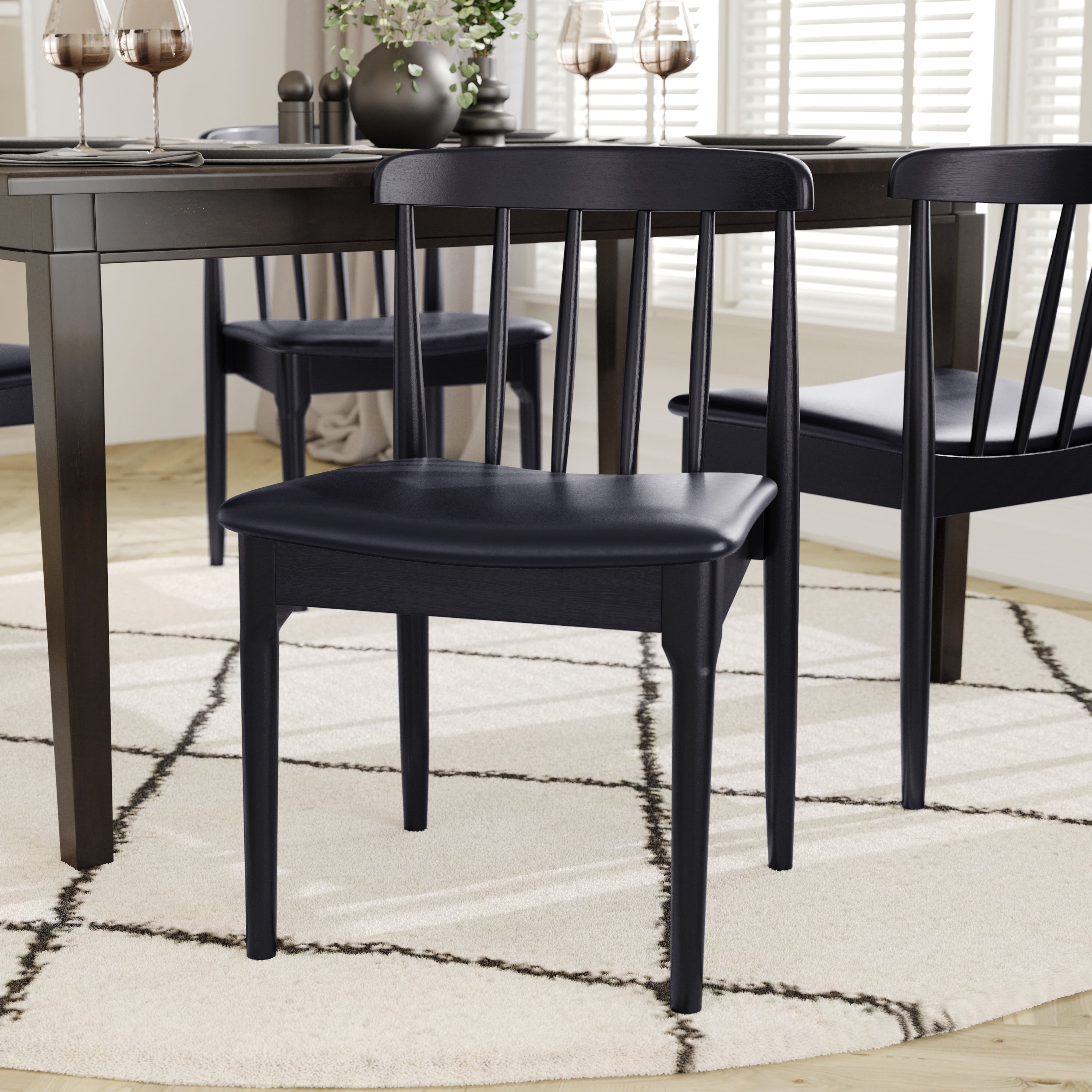 Emma + Oliver Set of 2 Solid Wood Dining Chairs with Spindle Backrests and Vinyl Seats, Black/Black