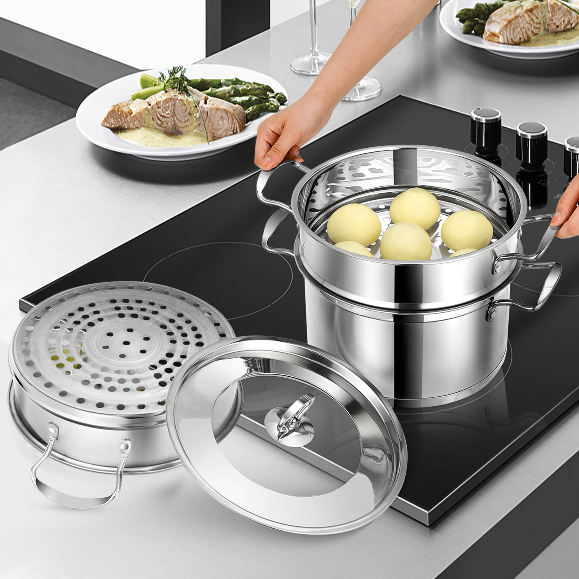 Costway 2-Tier Steamer Pot 304 Stainless Steel Steaming Cookware w/ Glass Lid, Silver 86275723