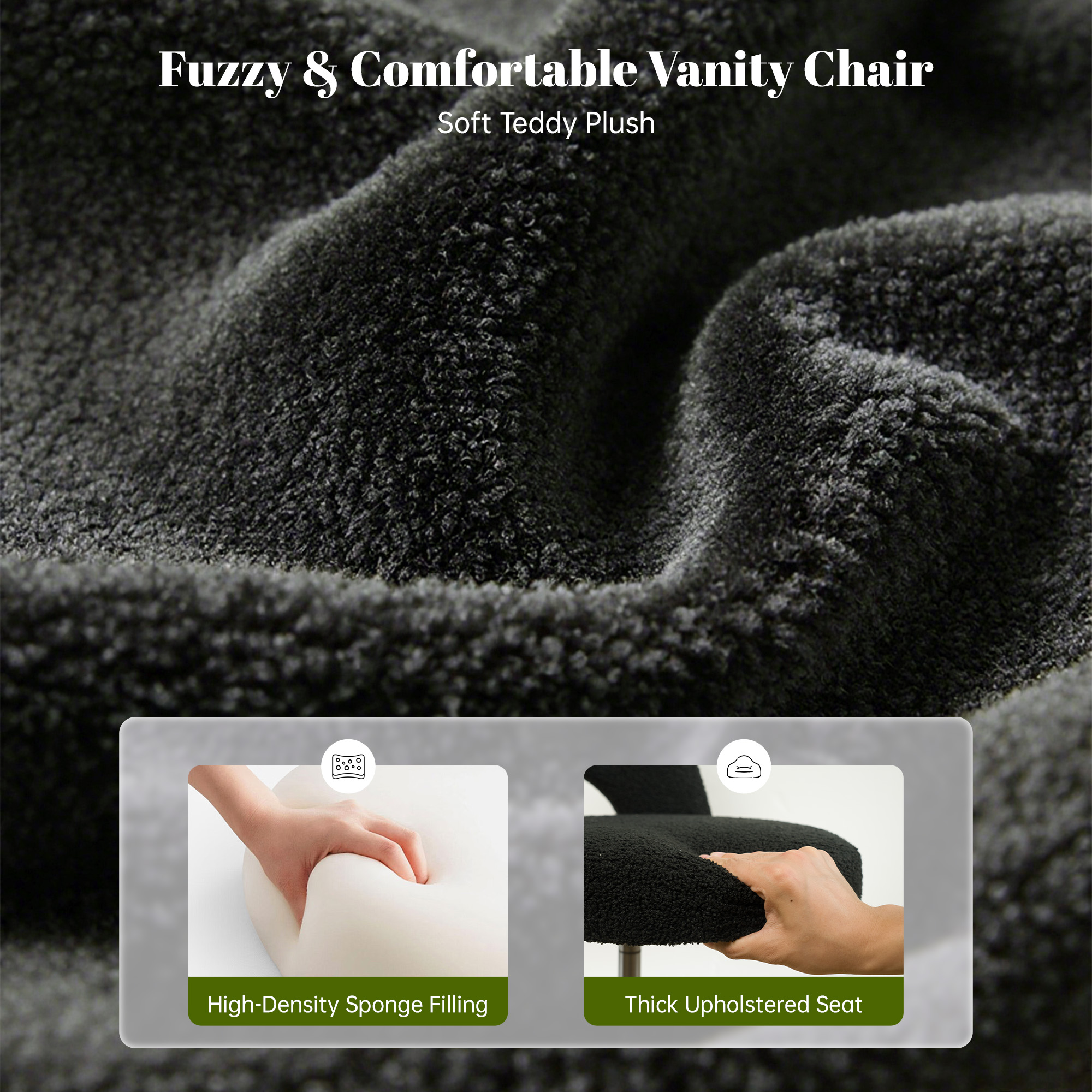Romorgniz Adjustable Vanity Chair with Backrest Teddy Velvet Swivel Desk Chair with Wheels, Space-Saving Makeup Computer Chair, Black