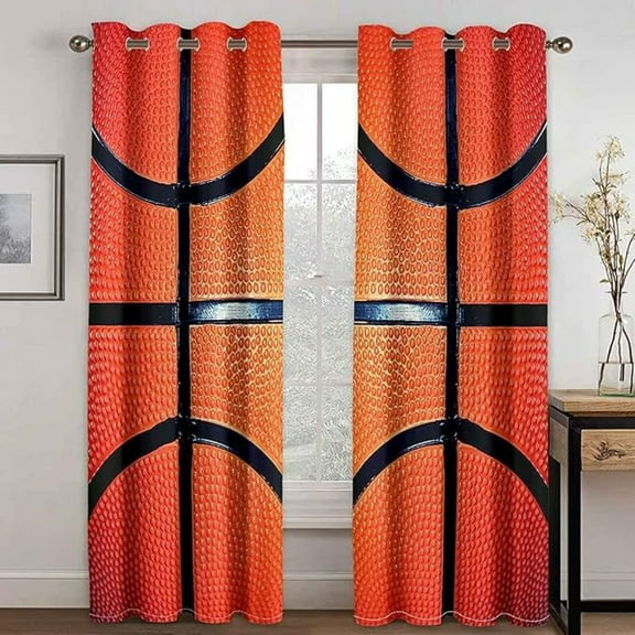 Orange Basketball Blackout Curtains, Athletic 3D Printed Drapes, 2 Panels Window Curtains, Thermal Insulated Drapes Darkening Window Curtain For Bedroom Living Room 26"W x 54"L (Pack of 2)