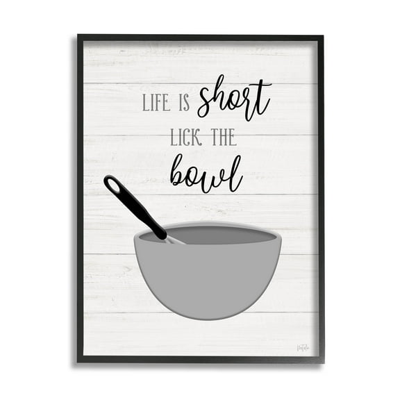 Life Is Short Lick The Bowl Phrase Typography Graphic Art Black Framed Art Print Wall Art