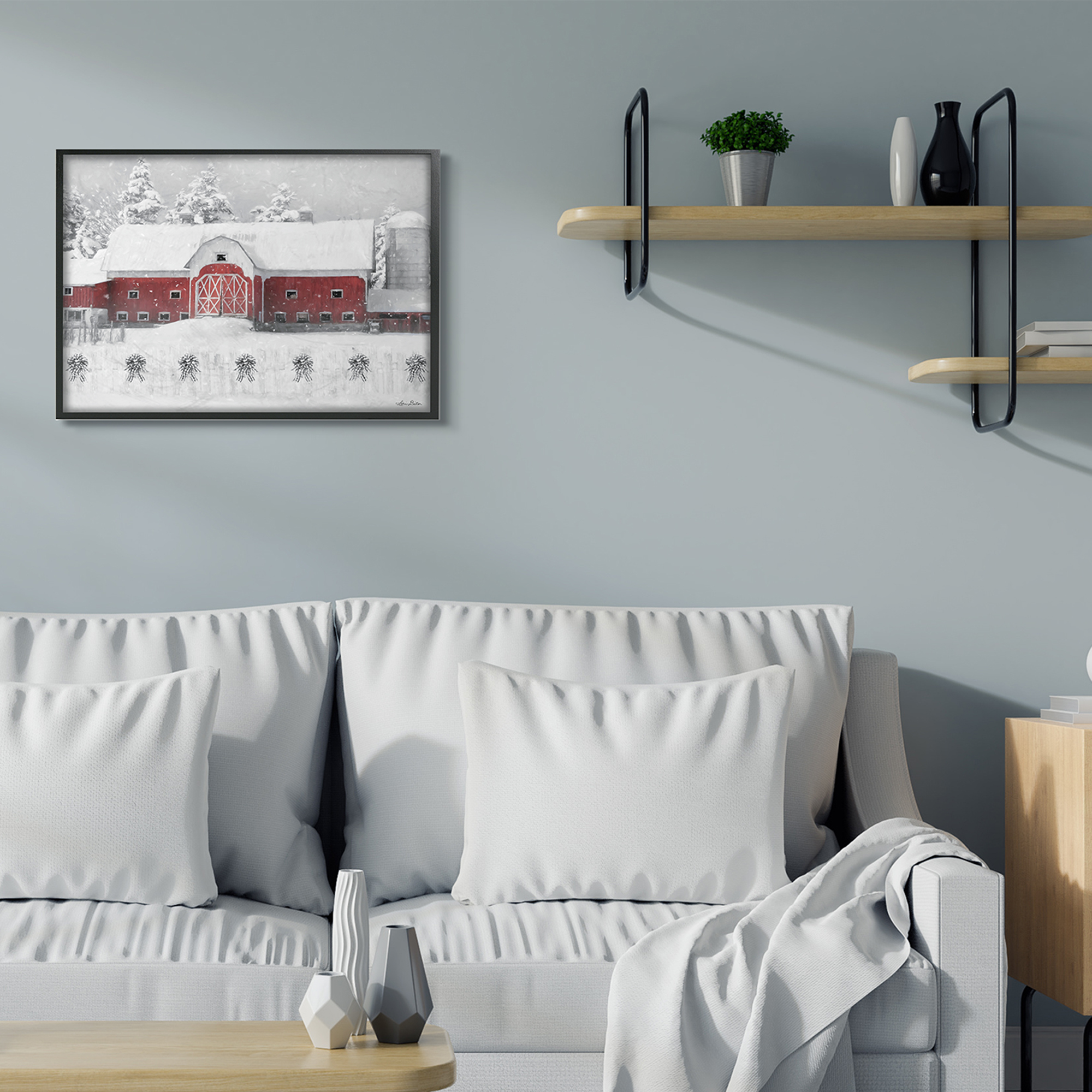 Stupell Industries Red Barn Winter Scene Farm Charm Snowfall Black Framed Design by Lori Deiter