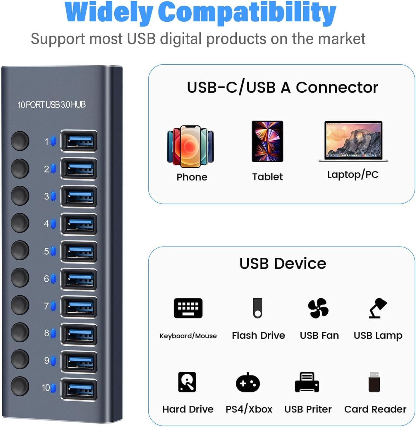 Powered USB Hub, AUBEAMTO Aluminum 10-Port USB 3.0 Hub with 10 USB 3.0 Data Transfer Ports, USB Splitter with Individual Switch and 60W (12V/5A) Power Adapter for Laptop, PC, Computer, Mobile HDD