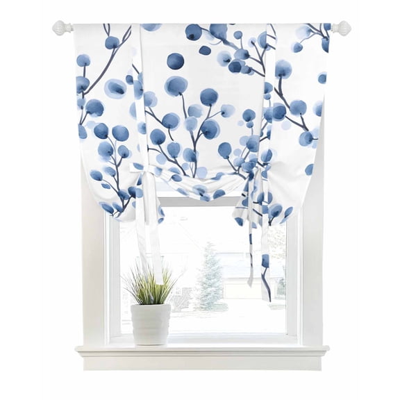Blue Eucalyptus Tie Up Curtains for Window, Thermal Insulted Balloon Shade Adjustable Rod Pocket Curtains Valance Panels for Kitchen Bathroom Cafe 52 x 63 Botanical Plants Abstract Art