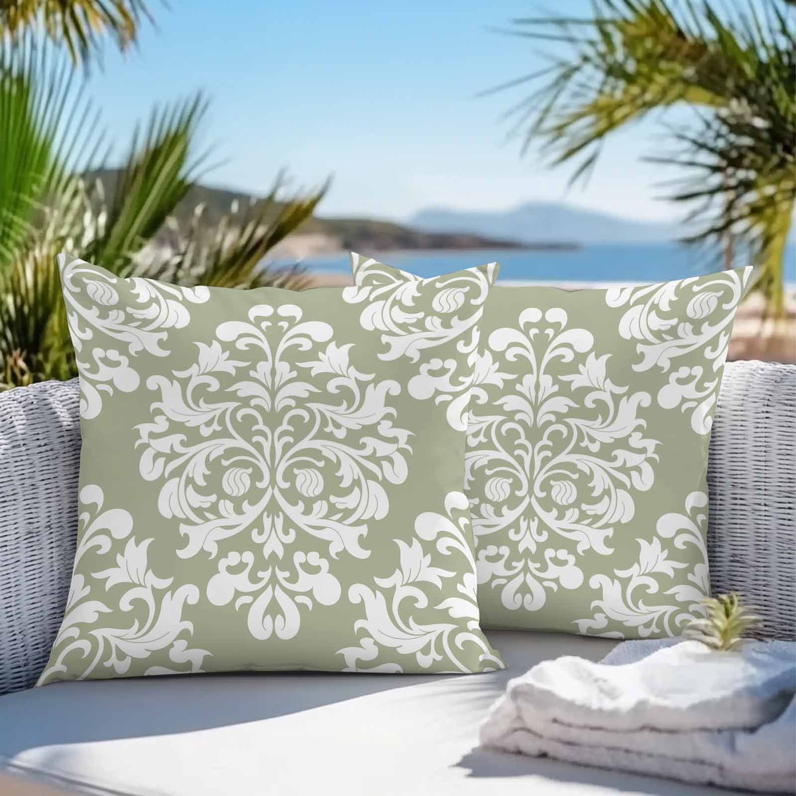 Baroque Sage Green Outdoor Pillow Covers 26x26 Inch Throw Pillow Covers Set of 2 Waterproof Decorative Pillow Cases Vintage Damask Classic Floral Cushion Covers for Patio Furniture Garden Couch Sofa
