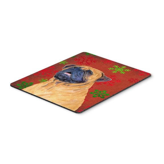 "Mastiff Red and Green Snowflakes Holiday Christmas Mouse Pad Hot Pad or Trivet"
