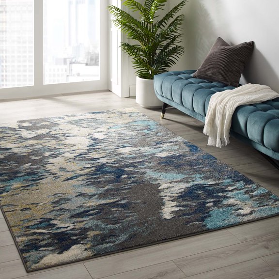 Modway Entourage Foliage Contemporary Modern Abstract 5x8 Area Rug in Blue, Tan, Gray