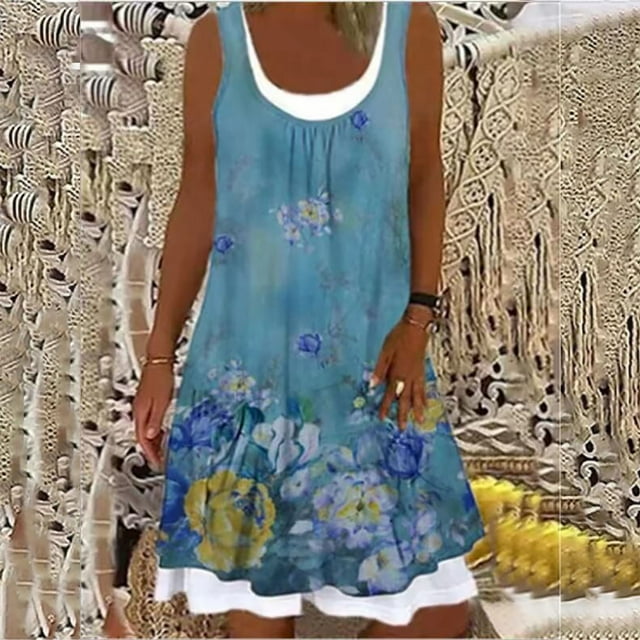 Robe d'Été Décontractée pour Femme à Col Rond Imprimée Sans Manches à Empiècements