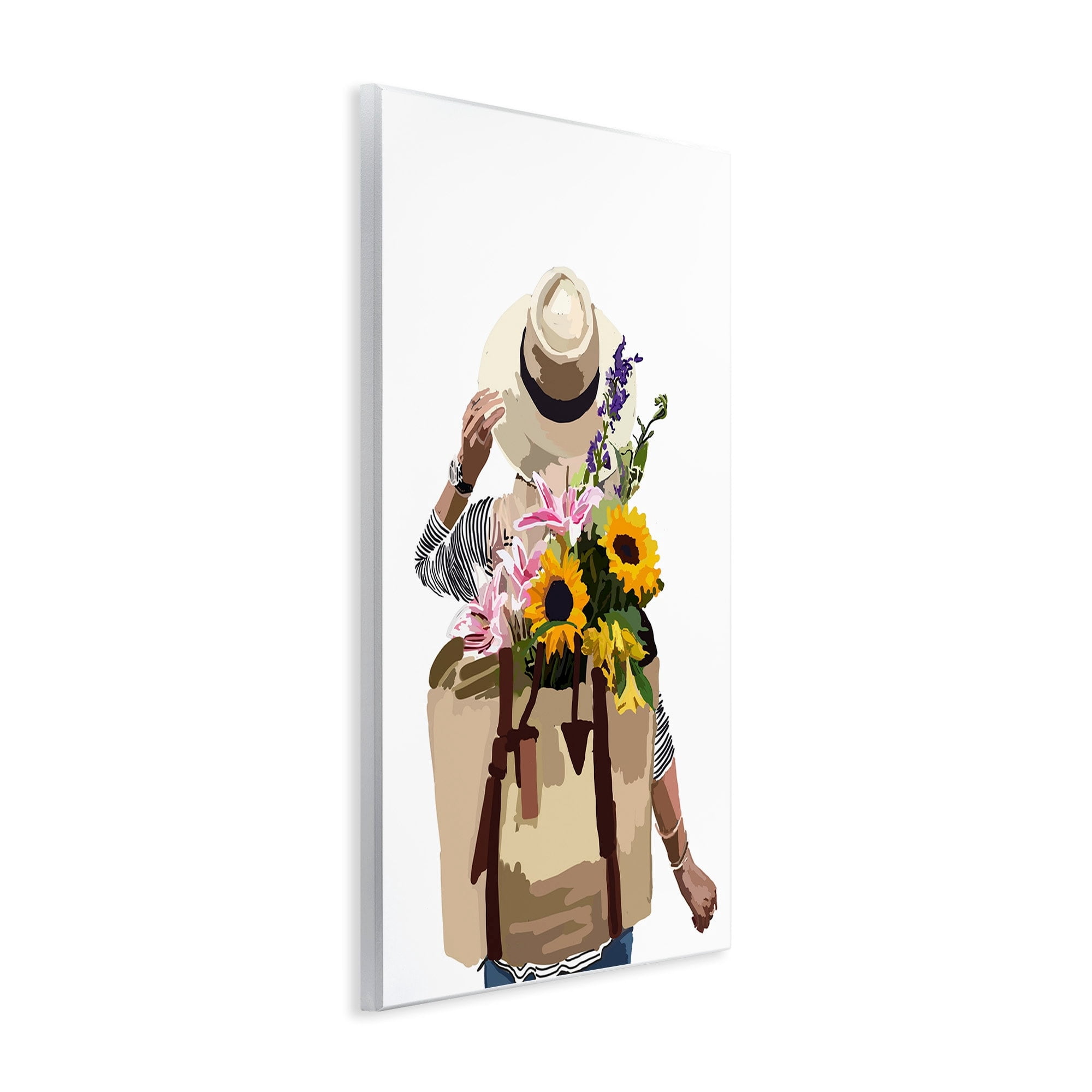 Stupell Industries Woman Carrying Floral Backpack Varied Sunflower Blossoms Graphic Art Unframed Art Print Wall Art, Design by Amelia Noyes