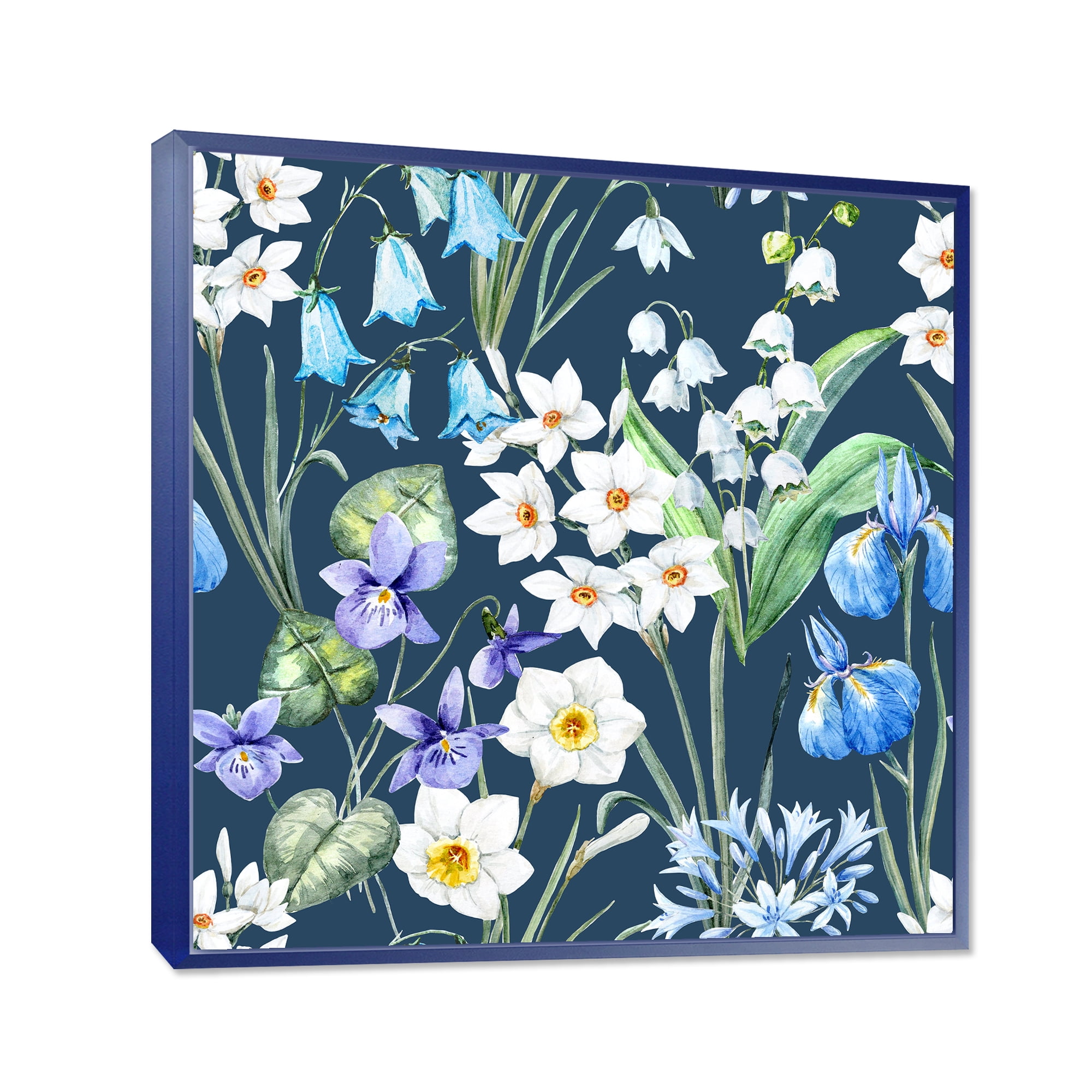 Designart 'Blue and White Spring Flowers On Dark Blue' Traditional Framed Canvas Wall Art Print