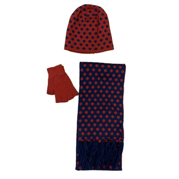 Womens Blue & Red Polka Dot 3PC Set Scarf Gloves Beanie Hat Knit Cap