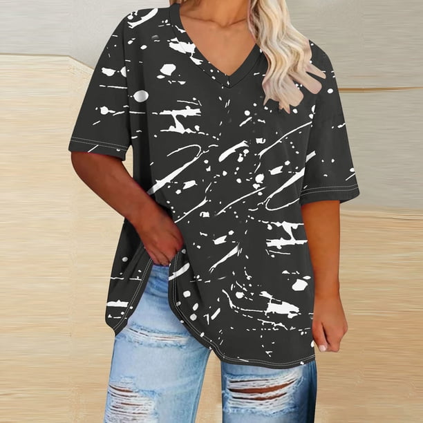 Karight Plus Size Tops for Women Boho Y2K Graphic Tees Oversized Short Sleeve Tshirts Summer Trendy Outfits Top