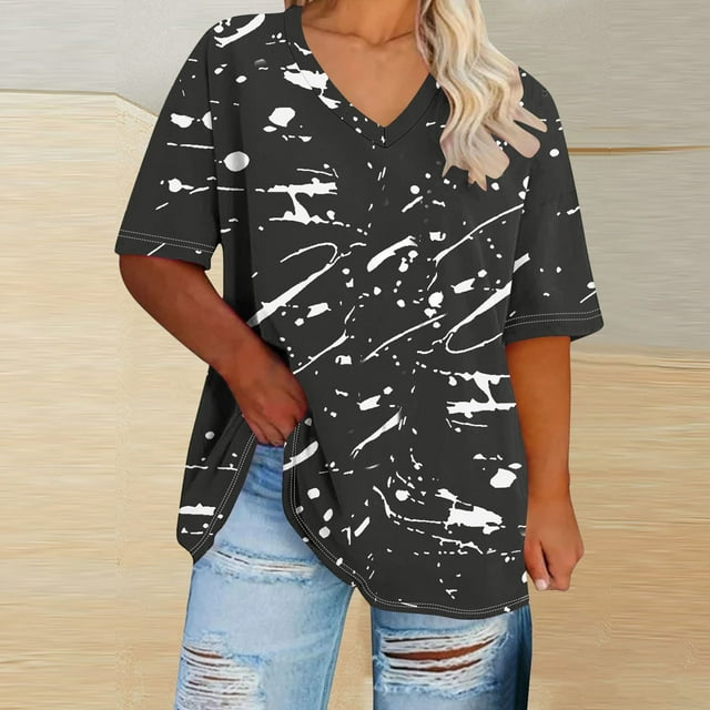 Karight Plus Size Tops for Women Boho Y2K Graphic Tees Oversized Short Sleeve Tshirts Summer Trendy Outfits Top