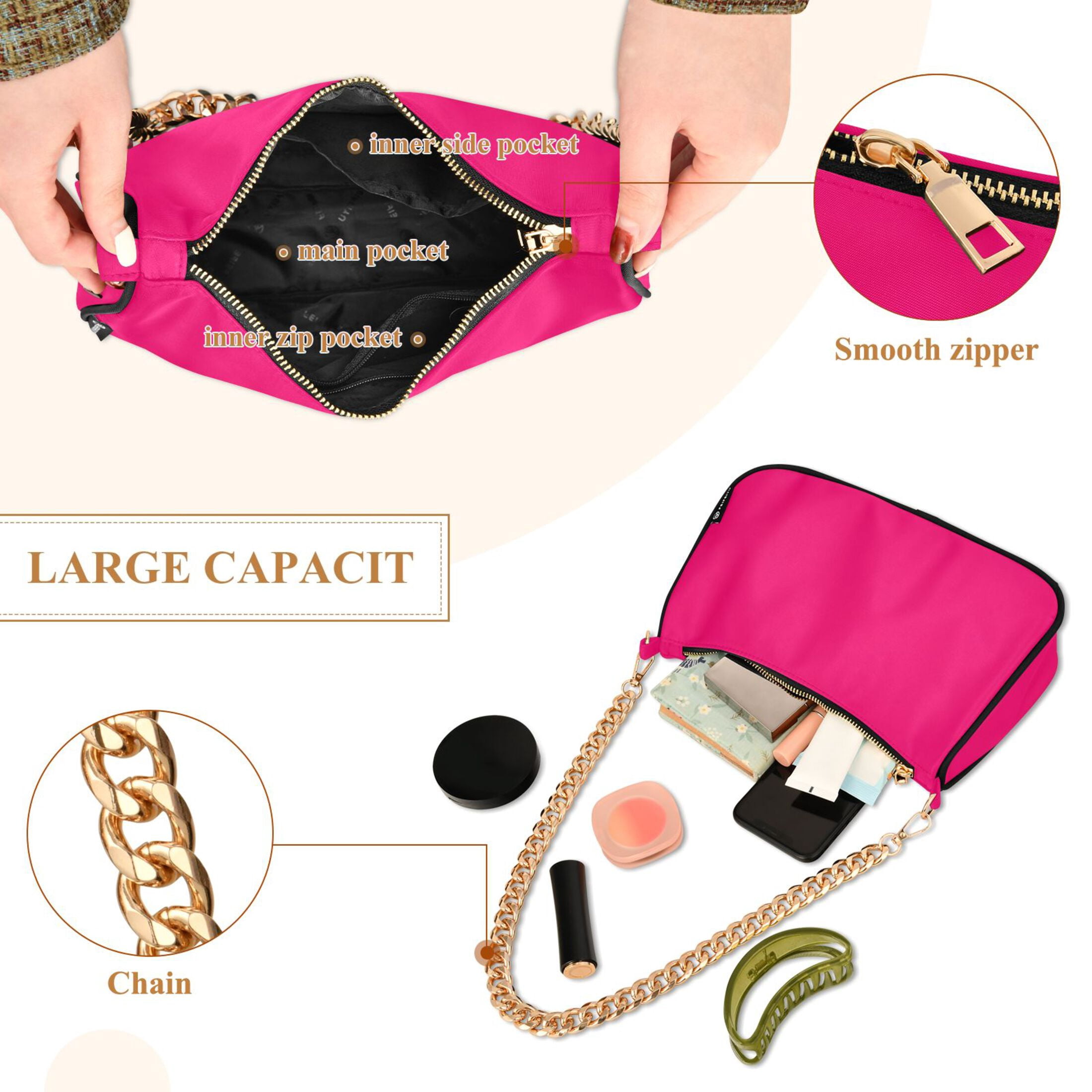 Ryvnso Deep Pink Womens Chain Shoulder Bag Tote Handbags Clutch Hobo Purse with Zipper for Travel