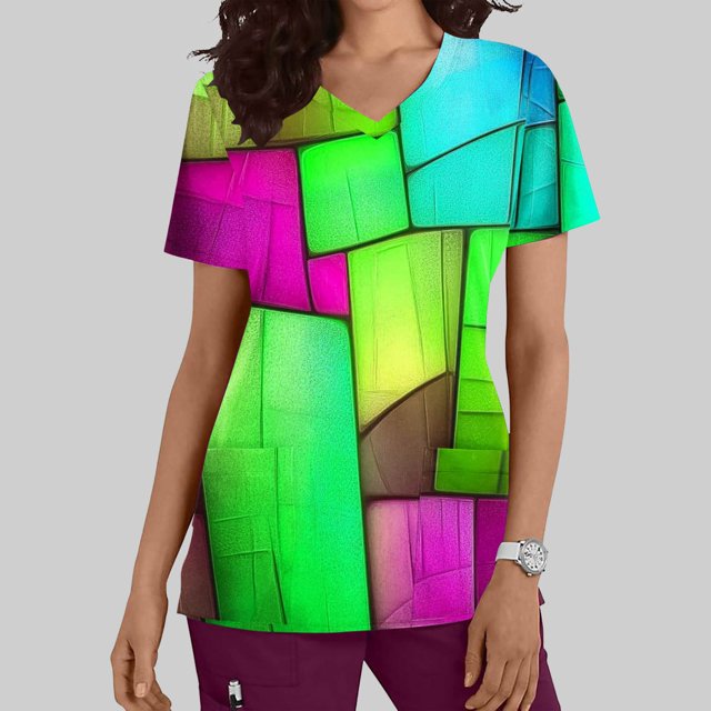 Lydiaunistar Hauts de Printemps pour Femmes Grande Taille Décontracté Col en V Imprimé Manches Courtes Robe d'Infirmière avec Poche Légère Respirante Blouse en Polyester pour Usage Quotidien Vert