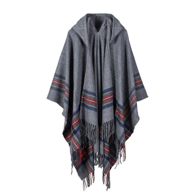 Diseño de moda: chal de cachemira jacquard de rayas de colores gruesos para mujer moderno que se puede usar, capa con capucha cálida, extendida y de moda