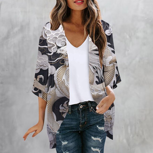 Cárdigan de manga larga para mujer, blusa informal con estampado, cárdigan de poliéster para mujer