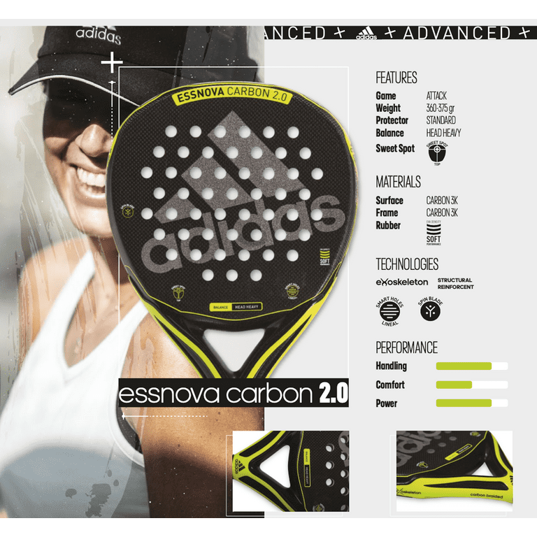 Adidas ESSNOVA CARBON Padel paddle racket tennis Spin Carbon 3K top Sweet Spot racquet WPT 360 - 375 gr Diamond pala raqueta EVA Exoskeleton - Walmart.com