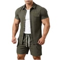 thumbnail image 3 of Dianli Men's Solid Color Casual Loose Sports Elastic Waist Shorts and Double Pocket Lapel Half Button Top Set, Relaxed Fit Beachwear, Button Front Two Piece Summer Fashion Suit Pink M, 3 of 7