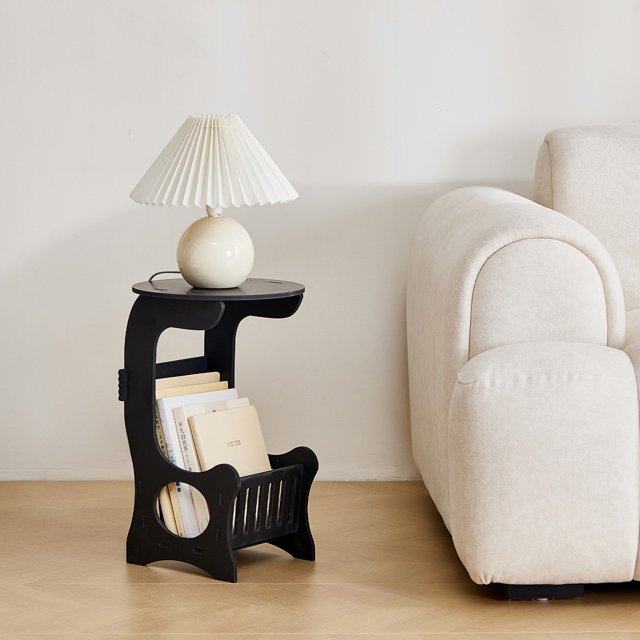 Round Black PVC Bedside Table - Space-Saving Nightstand for Small Rooms, Dorms, or Sofa Side
