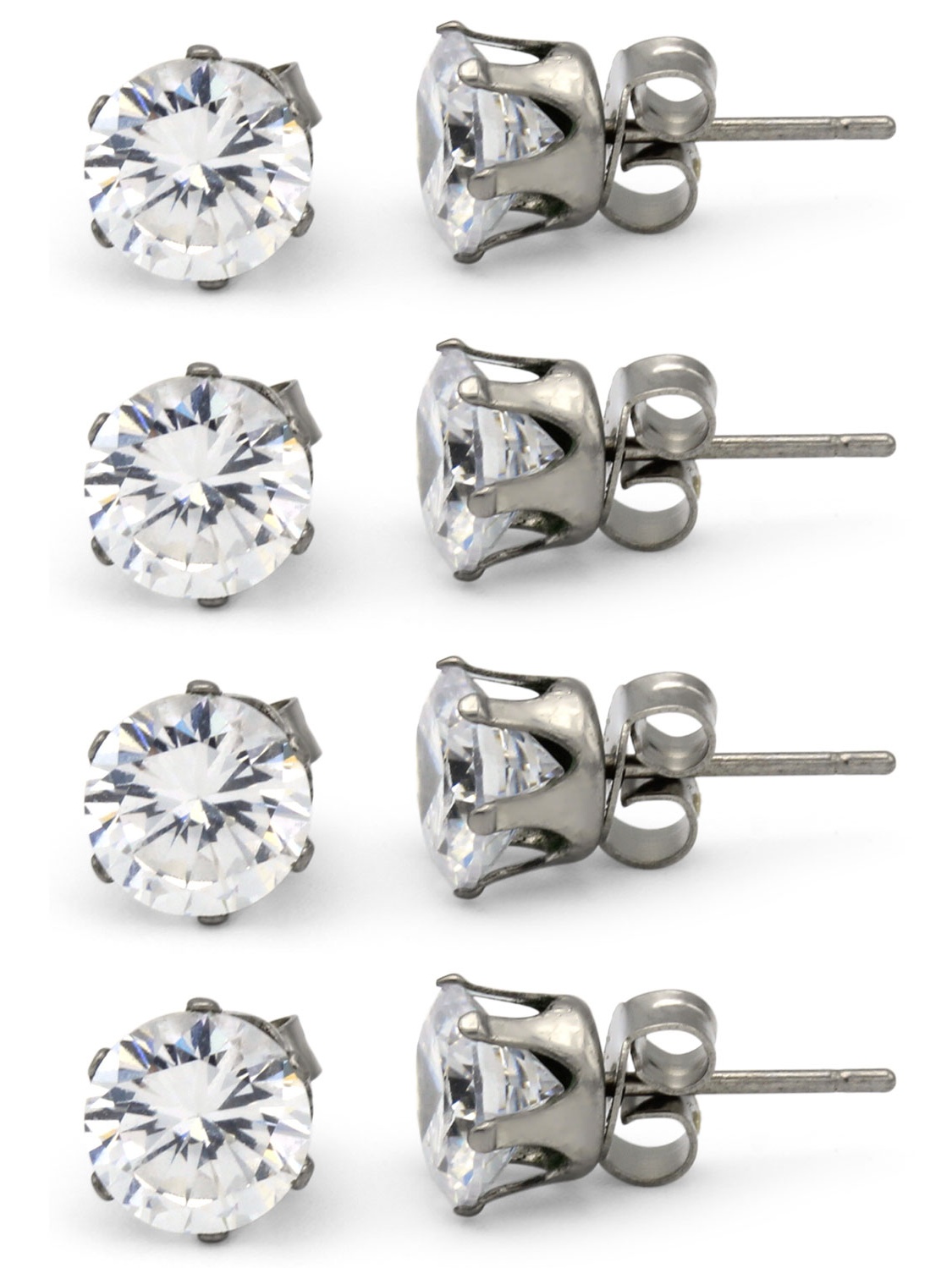 BEBERLINI Stud Earring Set of 4 Cubic Zirconia Earrings Shinny Female Silver Round Ear Jewelry Size 7