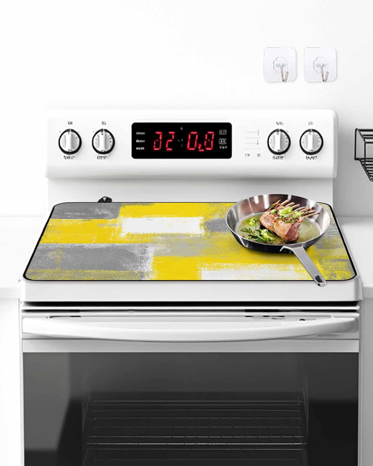 Stove Top Covers for Electric Stove, Yellow Grey Glass Stovetop Cover Protector, Rustic Mottled Oil Painting Abstract Texture Induction Cooktop Protector Oven Mat for Kitchen Countertop 24"x21"