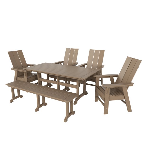 WestinTrends Ashore 6 Pieces Adirondack Patio Dining Set with Bench, All Weather Poly Lumber