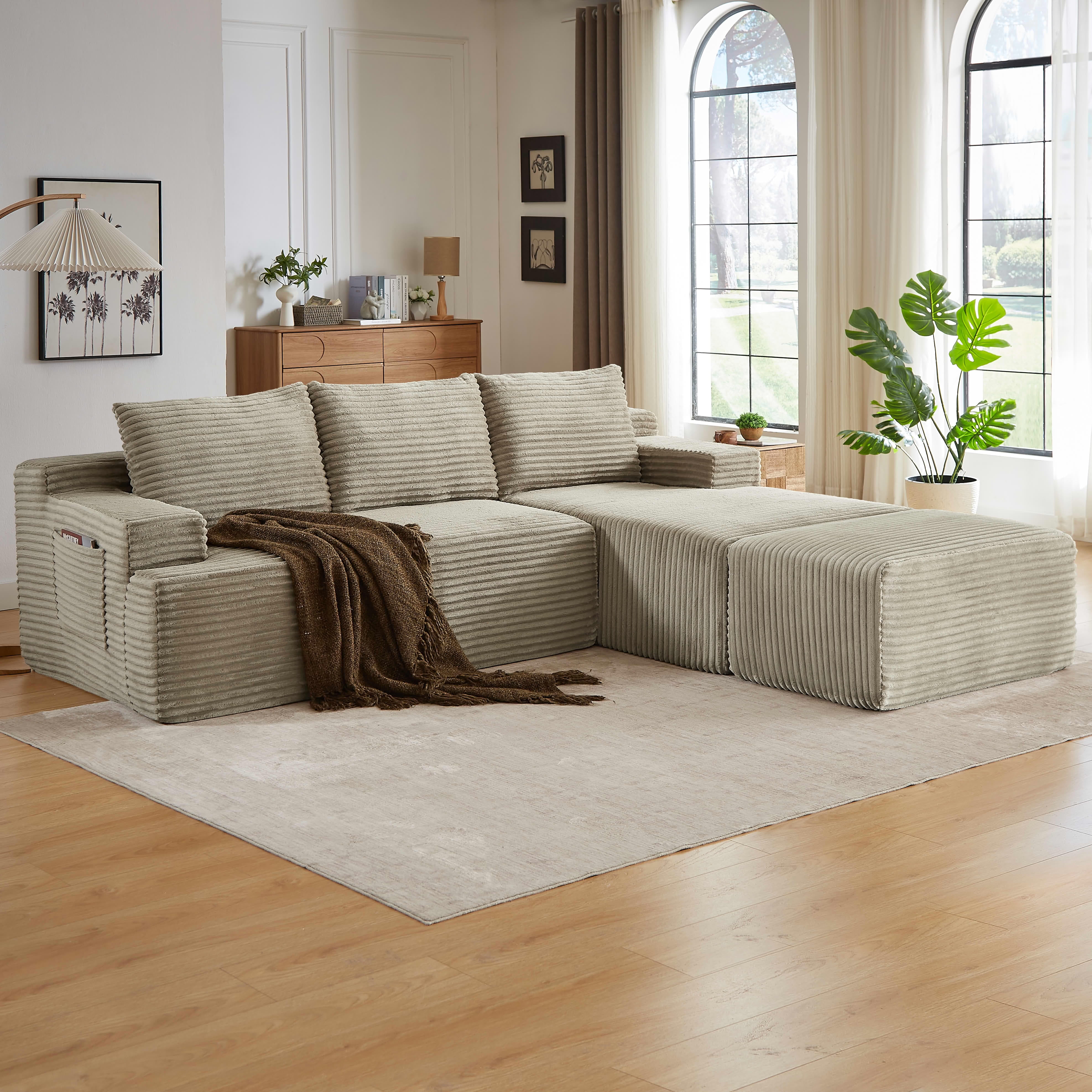 MAYEERTY Corduroy U-Shaped Modular Sofa, Cloud Couch with Sponge & Spring for Living Room, 96" Camel