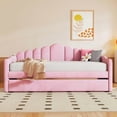 thumbnail image 2 of DRNANLIT Twin Size Upholstered Velvet Daybed with Trundle, USB Charging Ports & Side Pockets, Modern Convertible Sofa Bed for Bedroom Living Room, No Box Spring Needed,Pink, 2 of 9