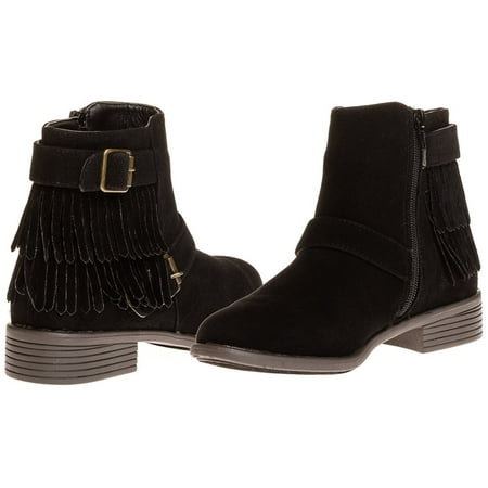 Faux Suede Buckle - Sara Z Ladies Faux Suede Boot with Fringe and Buckles (Black), Size 11