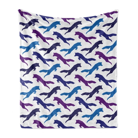 Fox Soft Flannel Fleece Throw Blanket, Repeating Silhouettes of Wild Forest Animal Reynard Along Polka Dots on Skin, Cozy Plush for Indoor and Outdoor Use, 70" x 90", White and Indigo, by Ambesonne