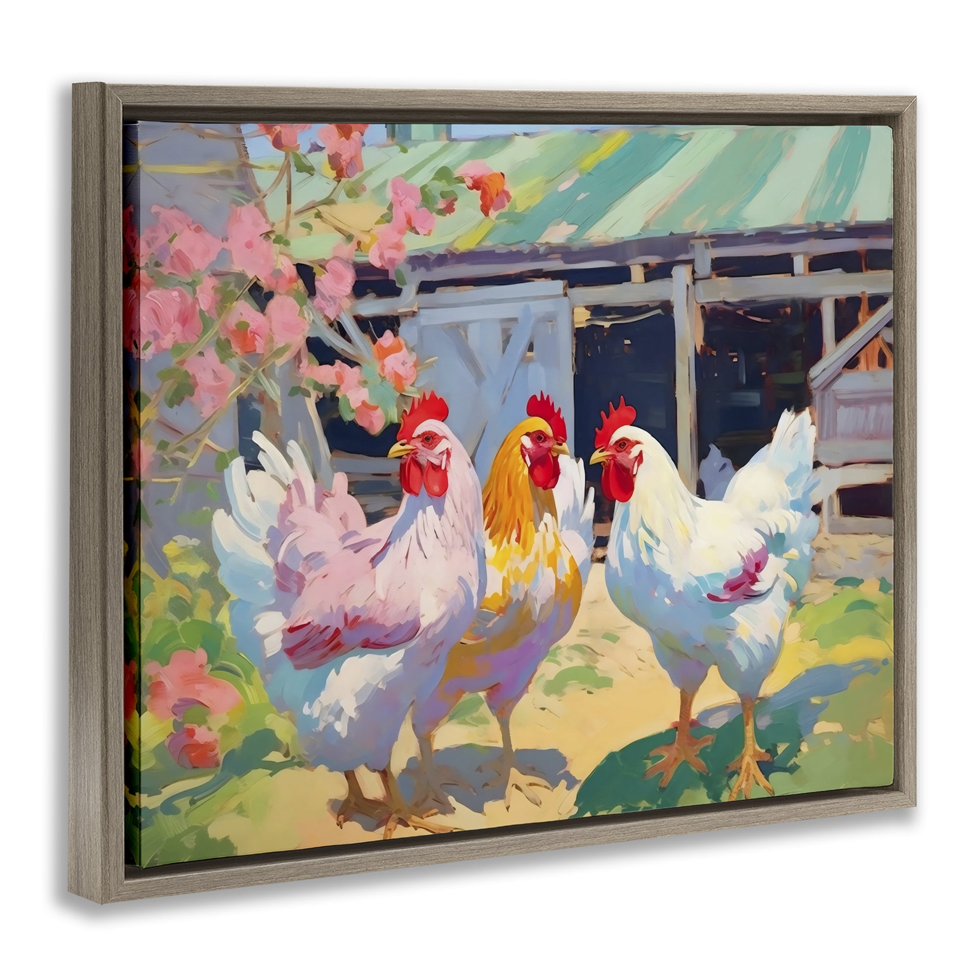 Stupell Industries Colorful Chickens in Sunlit Yard Brown Framed Floater Canvas Wall Art, design by Creative Studio