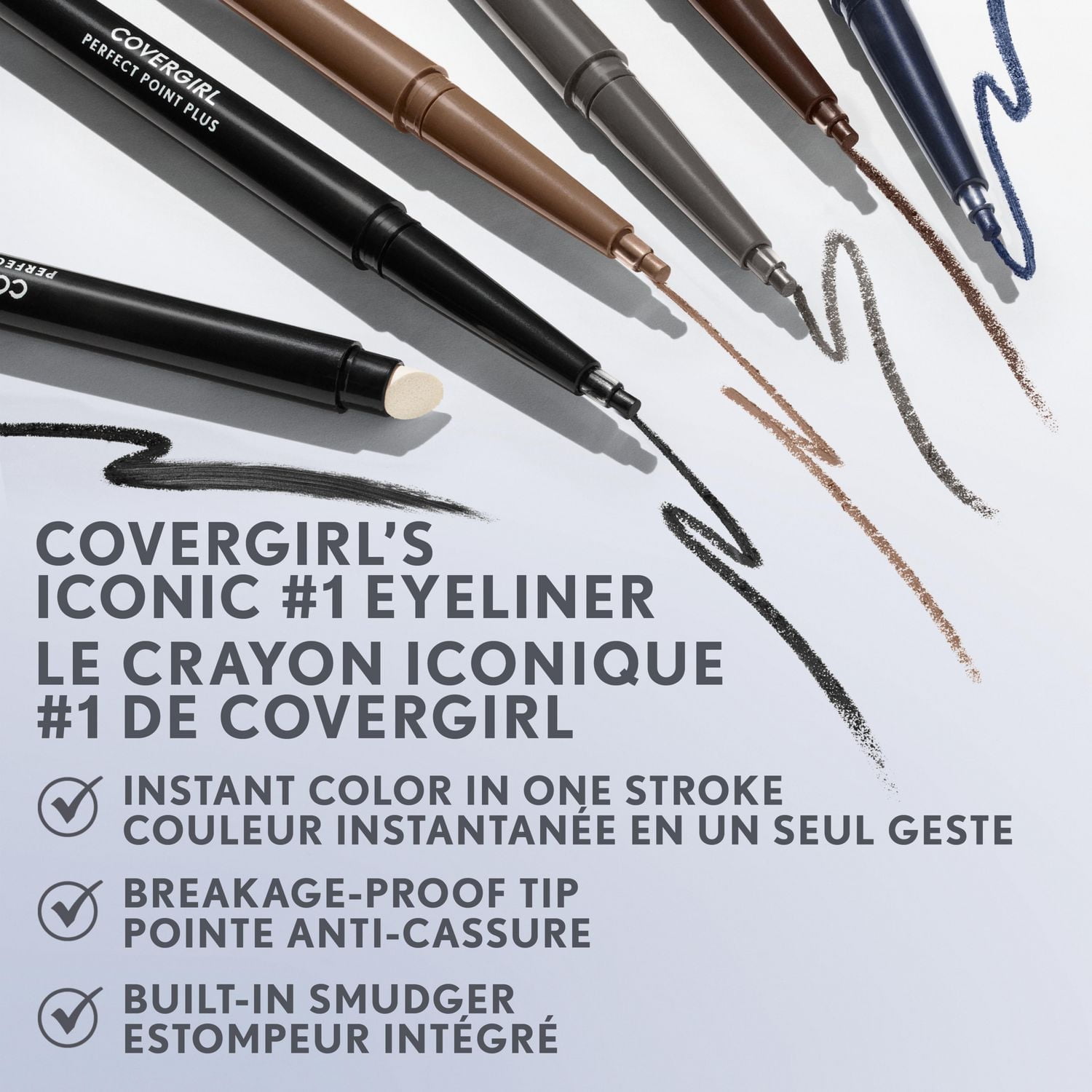 COVERGIRL Crayon Perfect Point Plus, pointe microfine, ligne précise, embout à estompeur intégré pour un look plus doux et fumé, 100% Sans Cruauté Estompeur intégré