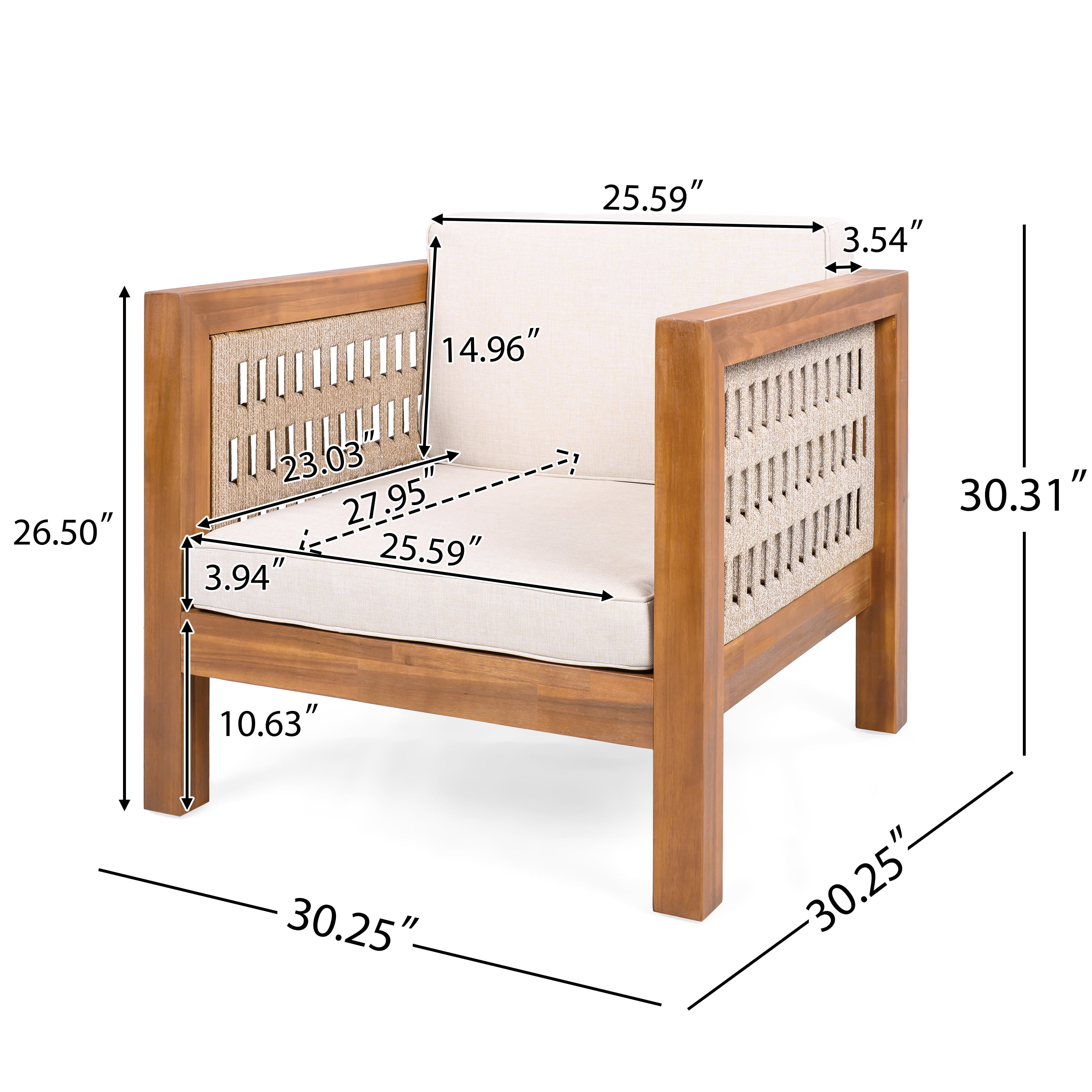 Acacia Wood Outdoor Club Chair with Beige Rope Arm and Beige Cushions for Patio Garden Deck, Teak