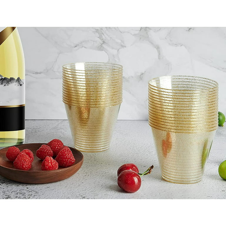 Gold Plastic Cups Clear Plastic Wine Glasses, Fancy Disposable Hard Plastic Cups with Gold Glitter for Party Cups 25pcs