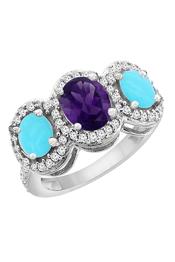 10K White Gold Natural Amethyst & Turquoise 3-Stone Ring Oval Diamond Accent, size 10