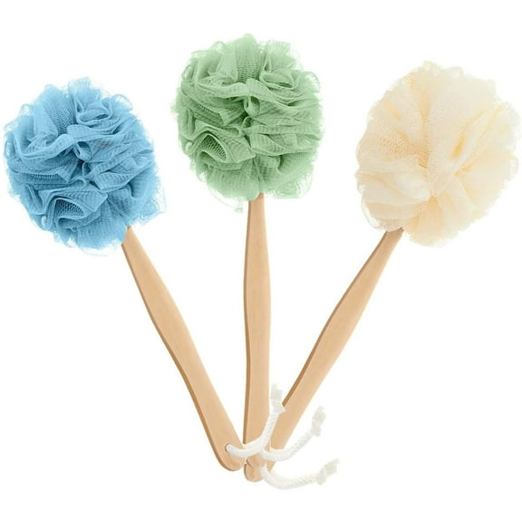 Loofah Back Scrubber for Shower,Happon 3 Pack Bath Sponge with Wooden Handle,Shower Loofah Brush,Back Cleaning Scrubber, Exfoliating Body Sponge for Shower, Bath