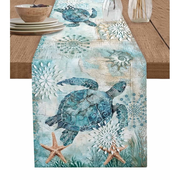 ERUNPONLY Coastal Sea Turtle Table Runner - 70 Inch Long Teal Nautical Beach Starfish Vintage Cotton and Linen Blended Dress Scarves Farmhouse Table Runner for Kitchen Dining, Coffee Table, 13" x 70"