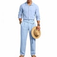 thumbnail image 5 of VBTAPA Business Casual Outfits for Men Cotton Linen 2 Piece Set Long Sleeve Button Down Shirts and Pants Set Office Work Suit with Pockets Light Blue S, 5 of 9