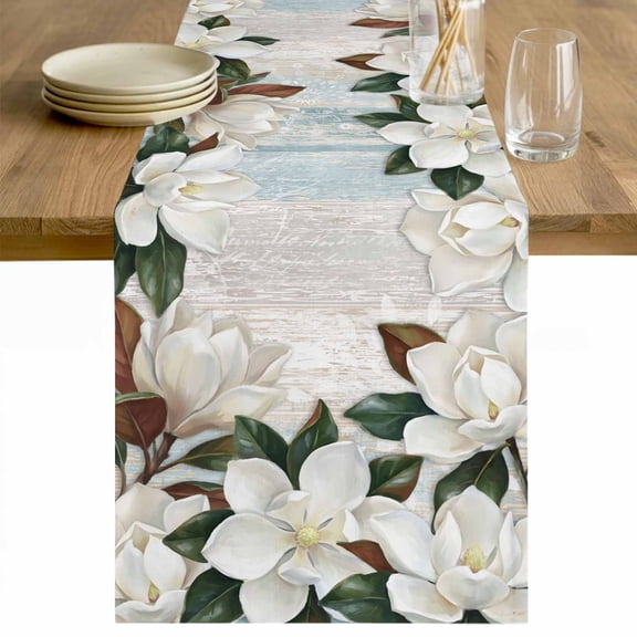 White Magnolia Table Runner - 72 Inch Long Spring Floral Blossom Flowers Plants Light Blue Cotton and Linen Blended Dress Scarves Farmhouse Table Runner for Kitchen Dining, Coffee Table, 13" x 72"