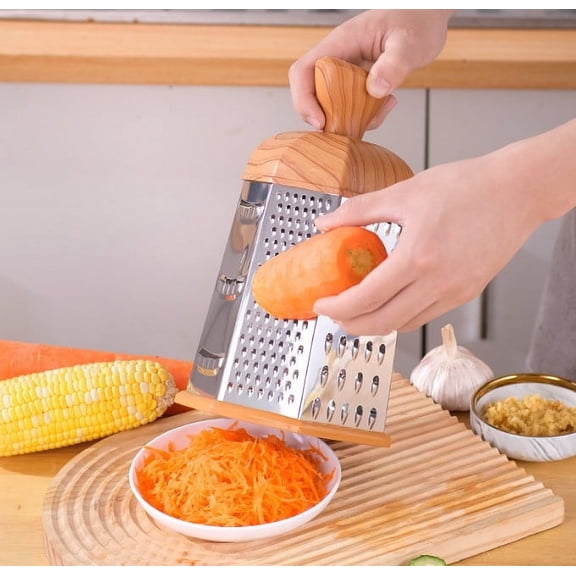 6-Sided Stainless Steel Vegetable Grater - Multi-Functional Kitchen Tool with Ergonomic Wood Handle, Rust-Proof & Dishwasher Safe for Slicing/Shredding (Small)