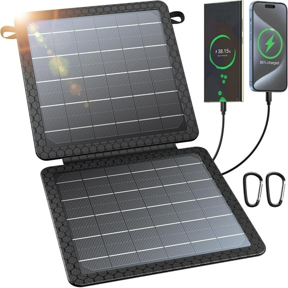 10W Foldable Portable Solar Charger with Dual USB Outputs, 24% High Efficiency Solar Panels, Waterproof, Dustproof & Shockproof, Compatible with Most Devices