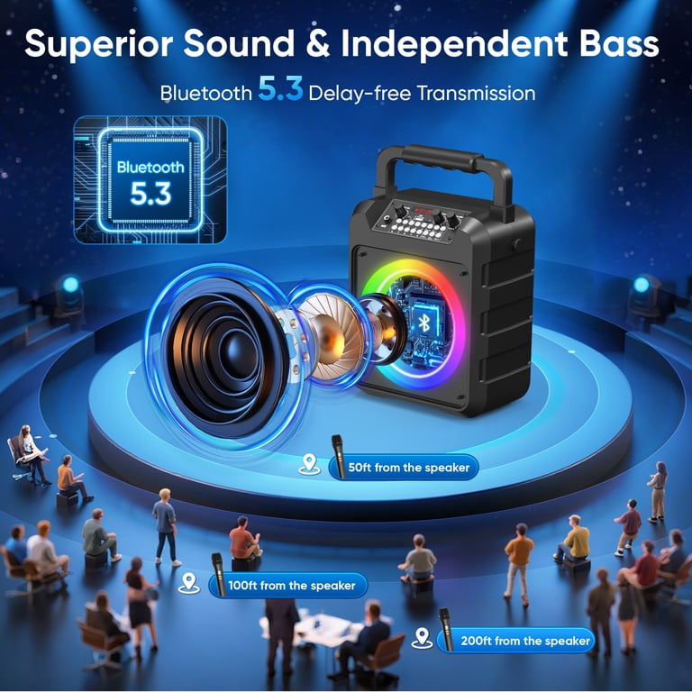 Karaoke Machine with 2 Wireless Microphones, Portable 30W Home
