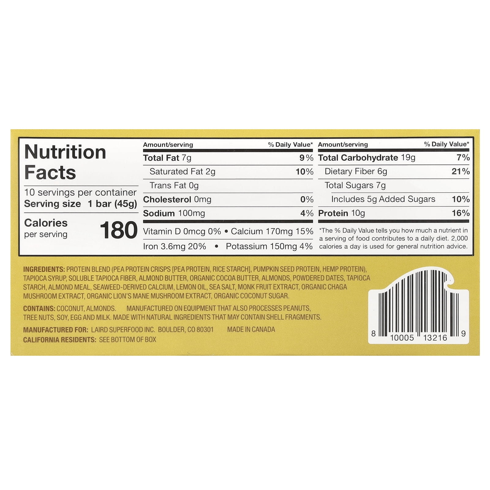 Laird Superfood Protein Bar + Adaptogens, Lemon Almond, 10 Packs, 1.6 oz (45 g) Each