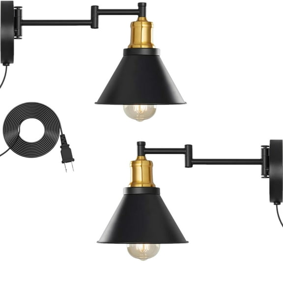 Set of 2 Black-Gold Swing Arm Wall Light for Bedroom, Bedside Reading Light by Oumilen(Bulb Not Included)